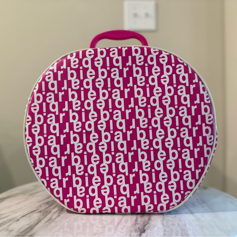 2003 Vintage Barbie Logo-Print Pink Round Storage Carry Case — Good Condition